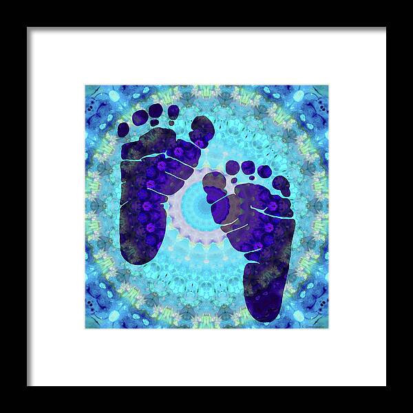 Blue Framed Print featuring the painting Baby Steps 1 - Blue Feet Art - Sharon Cummings by Sharon Cummings
