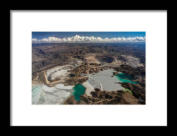 Fstop101 Landscape Green Blue Open Pit Copper Mine Bagdad Arizona Mountains Clouds Acid Aerial Framed Print featuring the photograph Bagdad Open Pit Copper Mine by Gene Lee