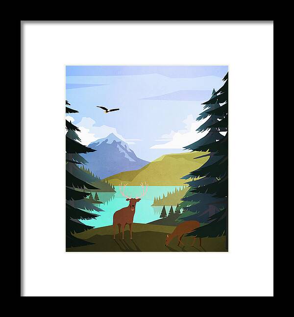 Three Animals Framed Print featuring the drawing Bald eagle and deer at idyllic, remote lakeside by Malte Mueller