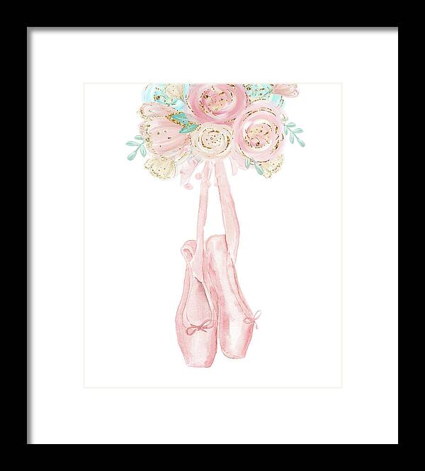 Ballerina Framed Print featuring the digital art Ballerina Ballet Shoes Floral Feather Watercolor Gold Pink Mint by Pink Forest Cafe