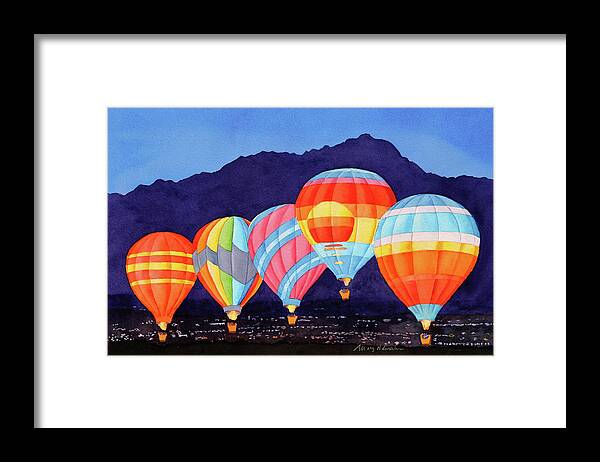 Balloons Framed Print featuring the painting Balloons over Palm Springs at Night by Mary Helmreich