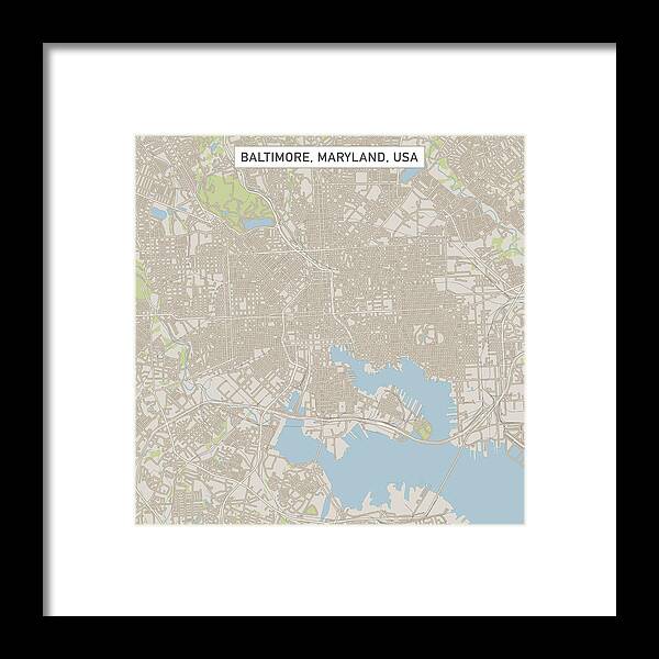 Downtown District Framed Print featuring the drawing Baltimore Maryland US City Street Map by FrankRamspott