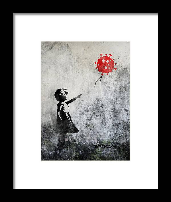 Bansky Framed Print featuring the digital art Bansky girl covid baloon by Andrea Gatti