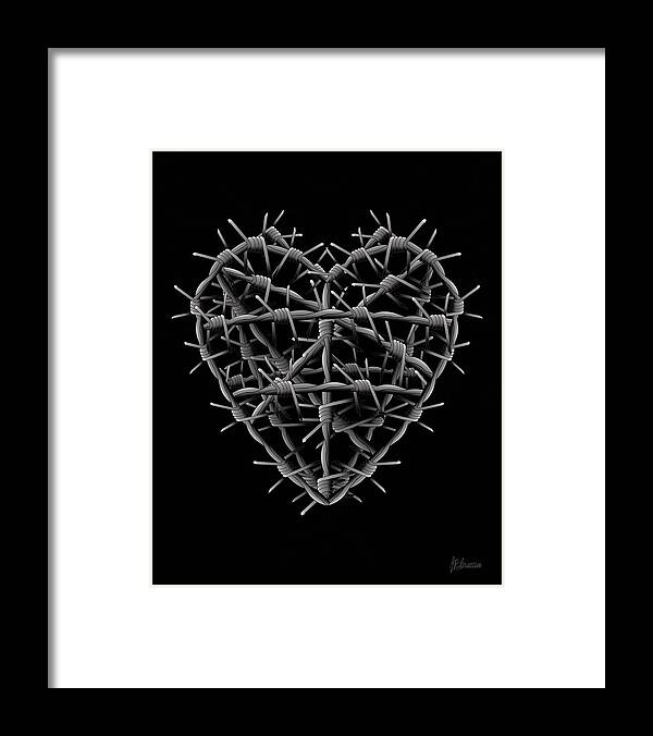 Heart Framed Print featuring the drawing Barbed Wire Heart On Black by Joan Stratton