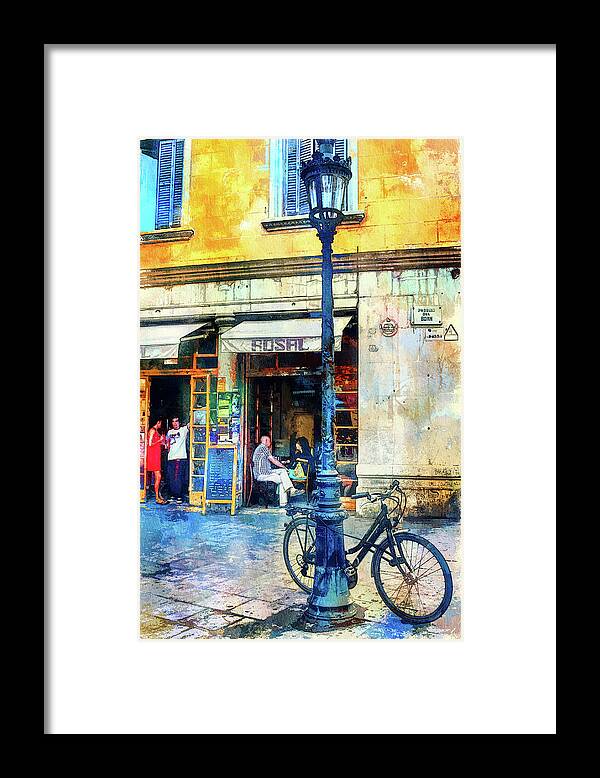 Barcelona Framed Print featuring the mixed media Barcelona street cafe and bike by Tatiana Travelways