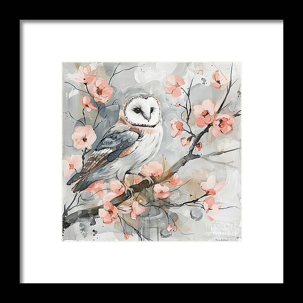 Barn Owl Framed Print featuring the painting Barn Owl In The Peach Blossoms by Tina LeCour