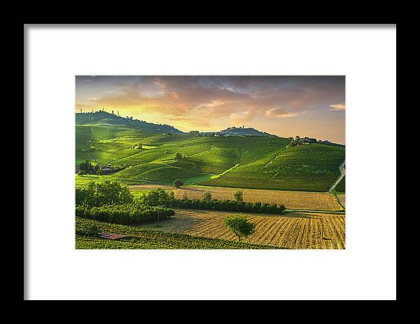 Vineyards Framed Print featuring the photograph Barolo wine vineyards and La Morra town. Langhe, Italy by Stefano Orazzini