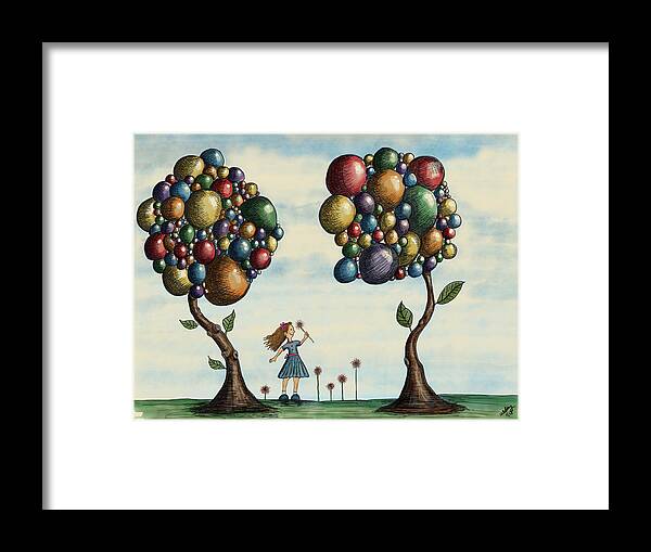 Illustration Framed Print featuring the drawing Basie and the Gumball Trees by Christina Wedberg