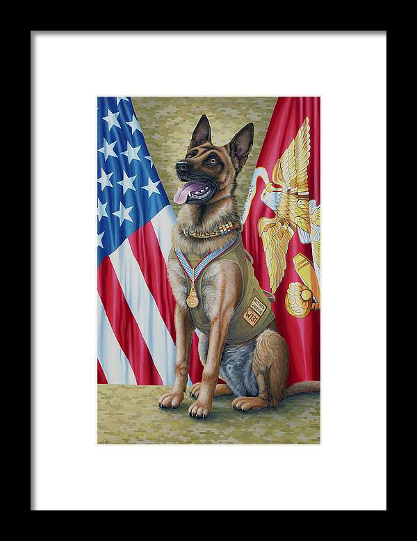 Bass Framed Print featuring the painting Bass the War Hero k9 by Tish Wynne