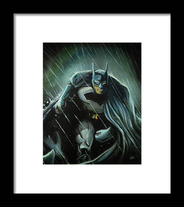 Batman Framed Print featuring the painting Batman in the Rain by Brett Hardin