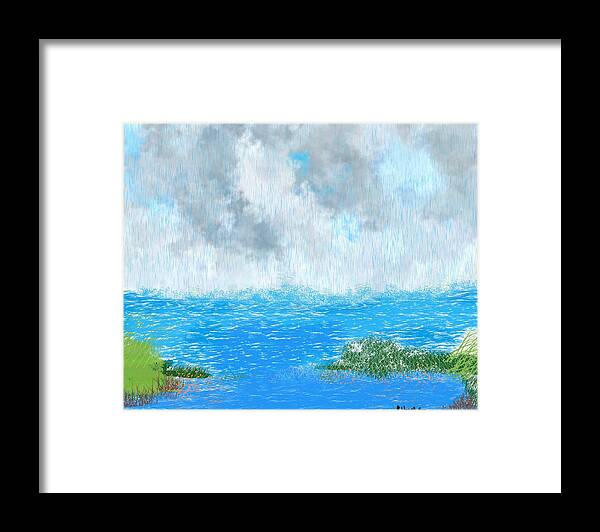 Landscape Framed Print featuring the digital art Bay View in the Rain by Ruth Harrigan