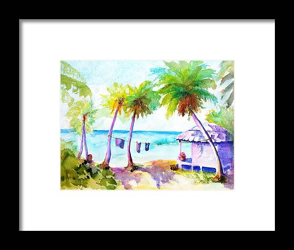 Troical Framed Print featuring the painting Beach House Tropical Paradise by Carlin Blahnik CarlinArtWatercolor