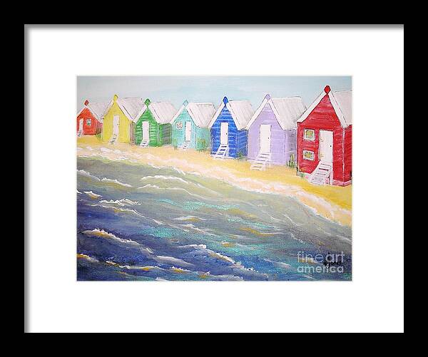 Beach Huts Framed Print featuring the painting Beach Huts Rainbow by Karen Jane Jones