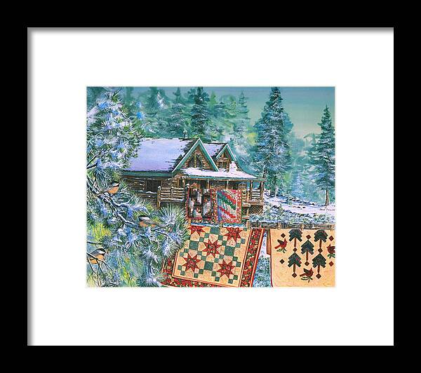 Log Cabin Framed Print featuring the painting Bear Paws Ranch by Diane Phalen