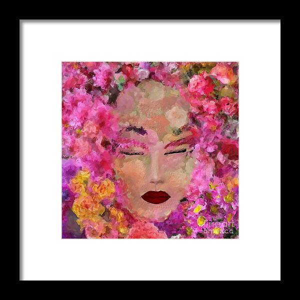 Red Framed Print featuring the digital art Beautiful face on Flowers background  by Doron B