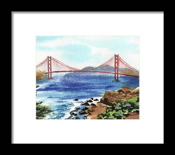 Bridge Framed Print featuring the painting Beautiful Golden Gate Bridge San Francisco Bay Watercolor by Irina Sztukowski