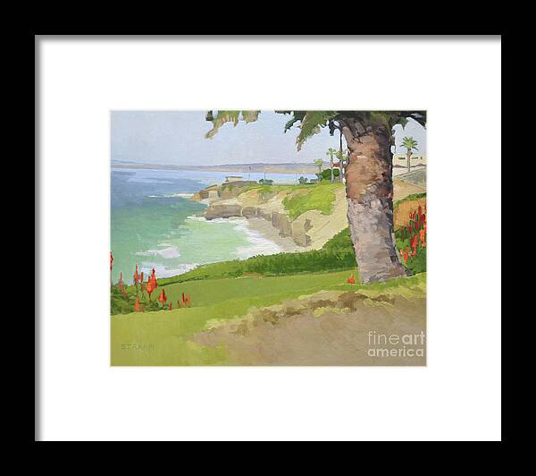 Wedding Bowl Framed Print featuring the painting Beautiful Palm Tree at Wedding Bowl at Cuvier Park - La Jolla, San Diego, California by Paul Strahm