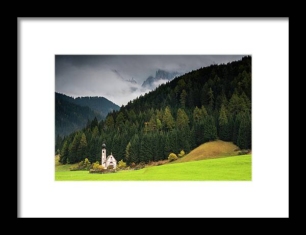 Dolomite Mountains Framed Print featuring the photograph Beautiful small Alpine church in Italy. by Michalakis Ppalis