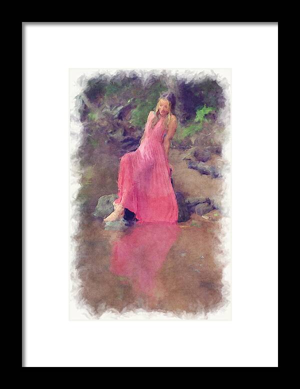 Beautiful Framed Print featuring the photograph Beautiful young lady along shoreline in long pink dress paintography by Dan Friend