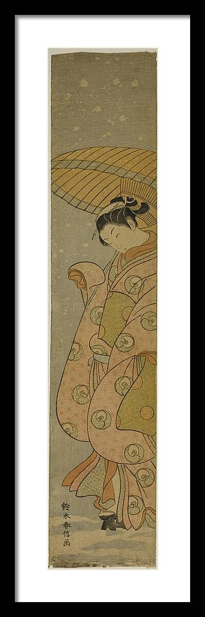Beauty Under An Umbrella In The Snow C. 1770 Suzuki Harunobu Framed Print featuring the painting Beauty Under an Umbrella in the Snow c. 1770 Suzuki Harunobu by Artistic Rifki
