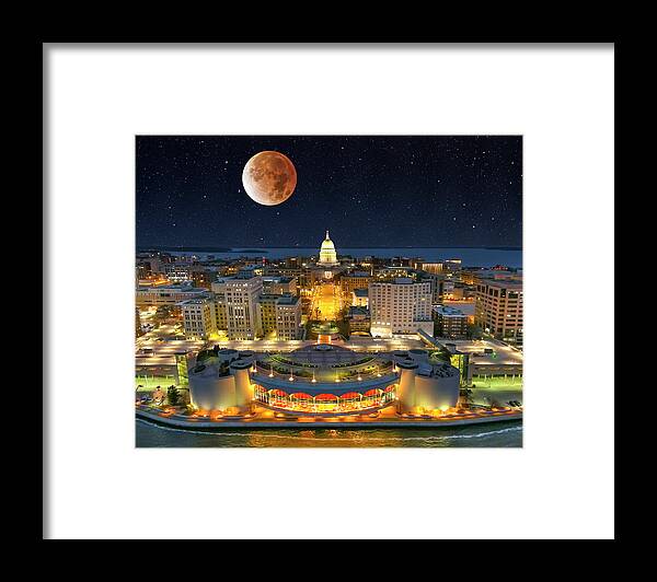 Beaver Moon Framed Print featuring the photograph Beaver Moon lunar eclipse over Wisconsin State Capitol Building by James Brey