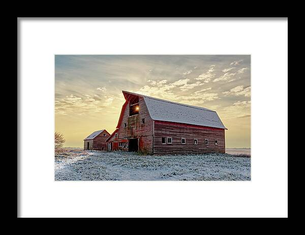 Blackmore Framed Print featuring the photograph Bedazzled Blackmore Barn #2 - Sun pokes through roof hole on abandoned barn in ND by Peter Herman