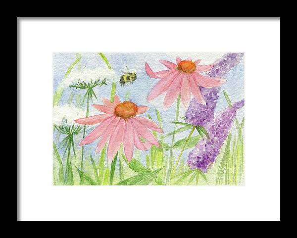 Pink Flowers Framed Print featuring the painting Bees in the Cottage Garden by Laurie Rohner