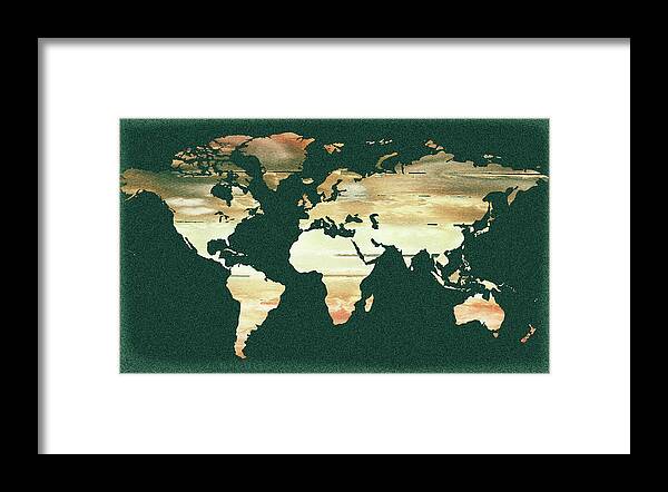 World Map Framed Print featuring the painting Beige Marble On Dark Emerald Watercolor World Map by Irina Sztukowski