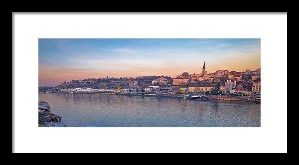 Belgrade Framed Print featuring the photograph Belgrade Danube river boats and cityscape panoramic view by Brch Photography