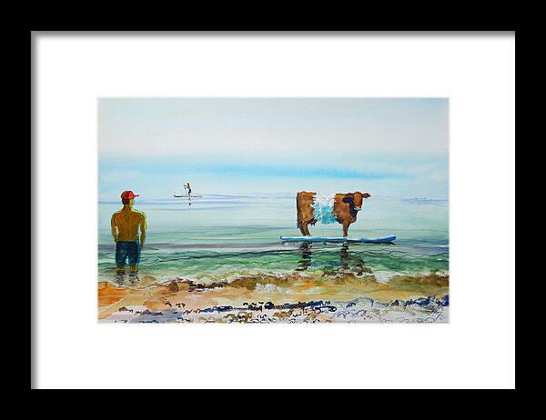 Belted Galloway Framed Print featuring the painting Belted galloway cow on paddleboard at seaside surreal painting by Mike Jory