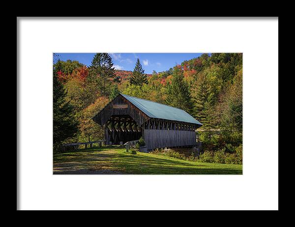 Aziscoos Valley Campgrounds Framed Print featuring the photograph Bennett Covered Bridge in Maine's Autumn Colors by Jeff Folger