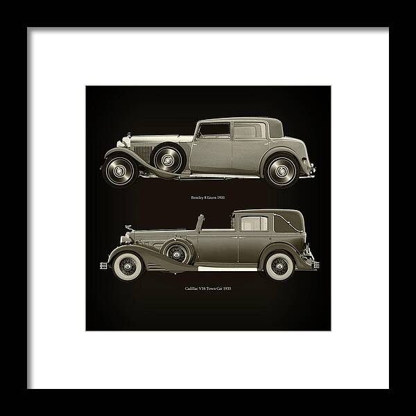 Bentley Framed Print featuring the photograph Bentley 8 Liters 1931 and Cadillac V16 Town Car 1933 by Jan Keteleer