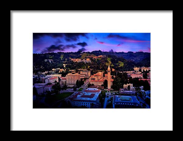 Berkeley Framed Print featuring the digital art Berkeley University of California campus - aerial at sunset by Nicko Prints