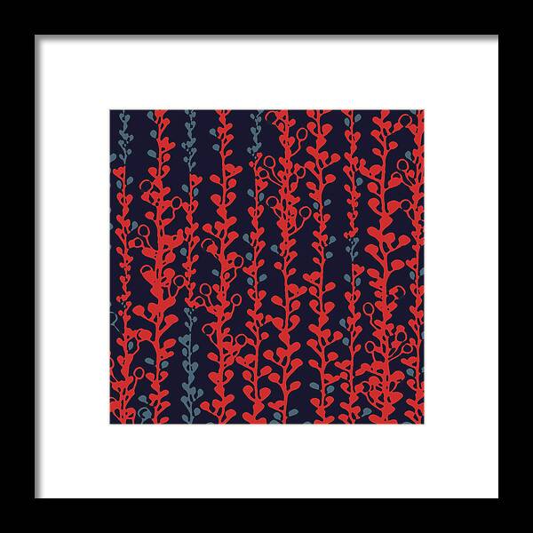 Vines Framed Print featuring the digital art Berry Vines Red and Navy by Sand And Chi