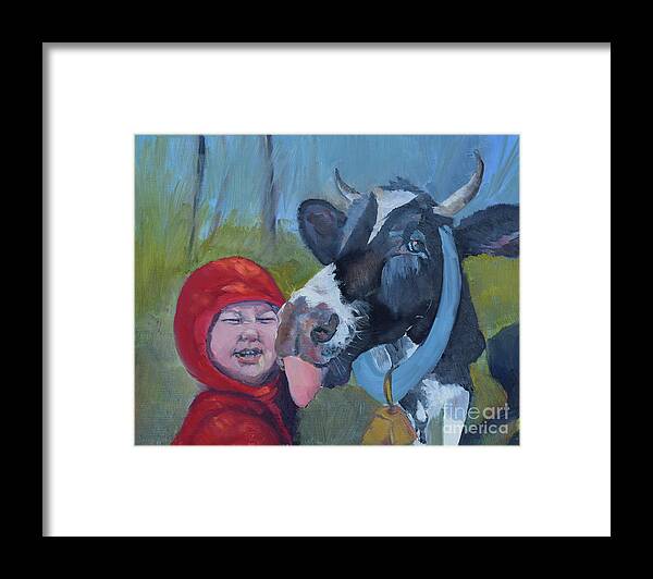 The Adventures Of Bessie And Bo Framed Print featuring the painting Bessie loves Bo - Cow Licks Boy by Jan Dappen