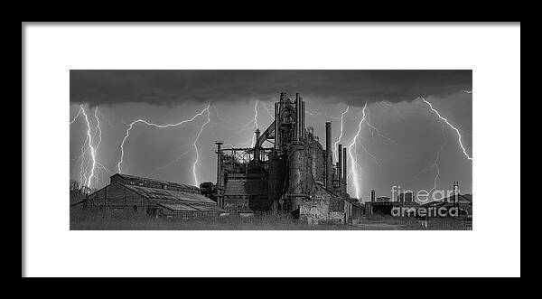 Bethlehem Steel Framed Print featuring the photograph Bethlehem Steel Stacks Ruins Lightning BW by Chuck Kuhn