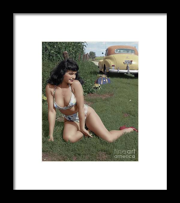 Pinup Framed Print featuring the digital art Bettie Page in the cornfield by Franchi Torres