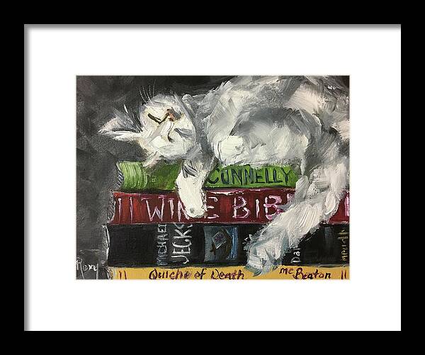 Sleepy Cat Framed Print featuring the painting Biblio Cat by Roxy Rich