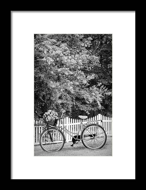 Carolina Framed Print featuring the photograph Bicycle by the Garden Fence Black and White by Debra and Dave Vanderlaan