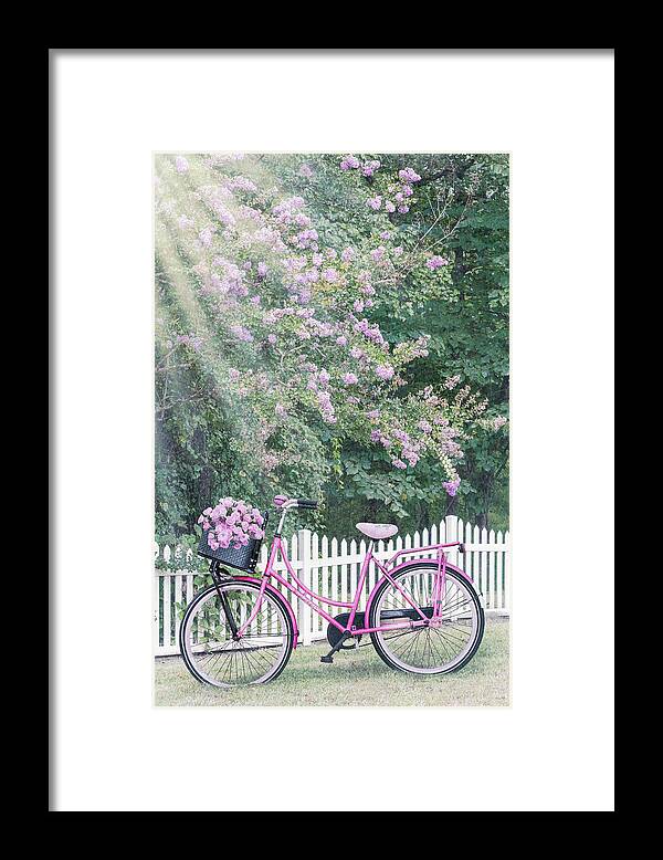Carolina Framed Print featuring the photograph Bicycle by the Morning Garden Fence by Debra and Dave Vanderlaan