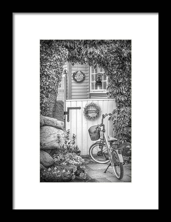 Spring Framed Print featuring the photograph Bicycle Waiting at the Garden Gate in Black and White by Debra and Dave Vanderlaan