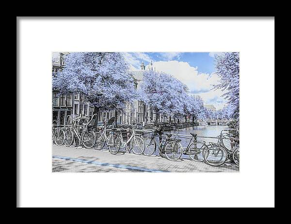 Amsterdam Framed Print featuring the photograph Bicycles Along the Canals in Blues and Black and White by Debra and Dave Vanderlaan