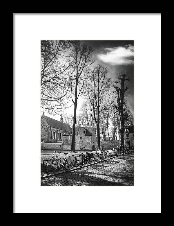 Bruges Framed Print featuring the photograph Bicycles of Bruges Belgium Black and White by Carol Japp