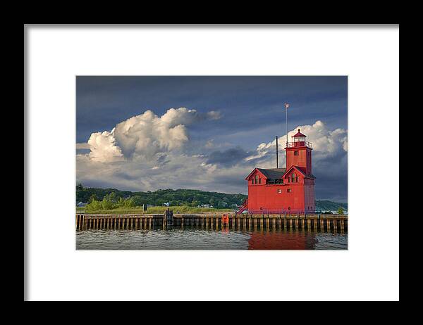 Art Framed Print featuring the photograph Big Red Lighthouse at Sunrise with Large Puffy Clouds at Ottawa by Randall Nyhof