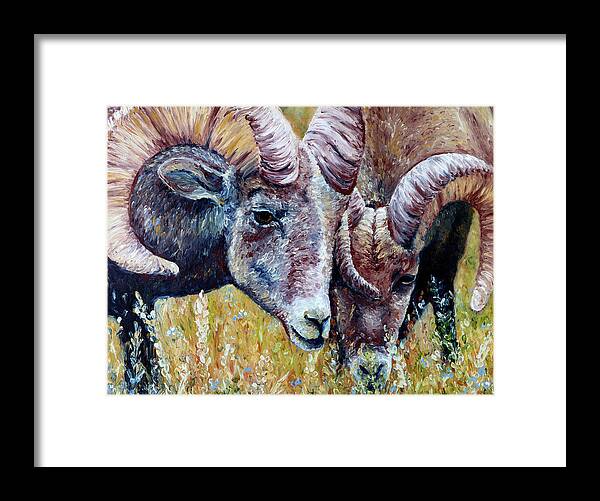 Big Horn Sheep Framed Print featuring the painting Bighorns by Bari Rhys