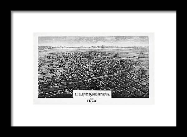 Billings Framed Print featuring the photograph Billings Montana Antique Map Birds Eye View 1904 Black and White by Carol Japp