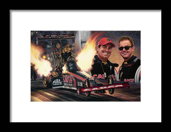 Drag Racing Nhra Top Fuel Funny Car John Force Kenny Youngblood Nitro Champion March Meet Images Image Race Track Fuel Billy Steve Torrence Nostalgia Capco Framed Print featuring the painting Billy and Steve by Kenny Youngblood