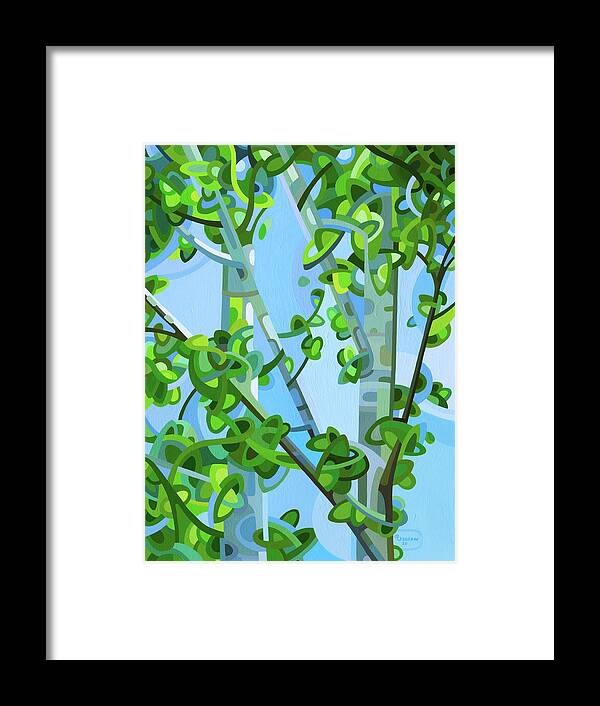 Summer Birch Forest Green Grey Blue Dappled Light Framed Print featuring the painting Birch Light by Mandy Budan