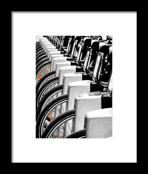 Black-white Framed Print featuring the photograph Bixi bikes by Francine Rondeau