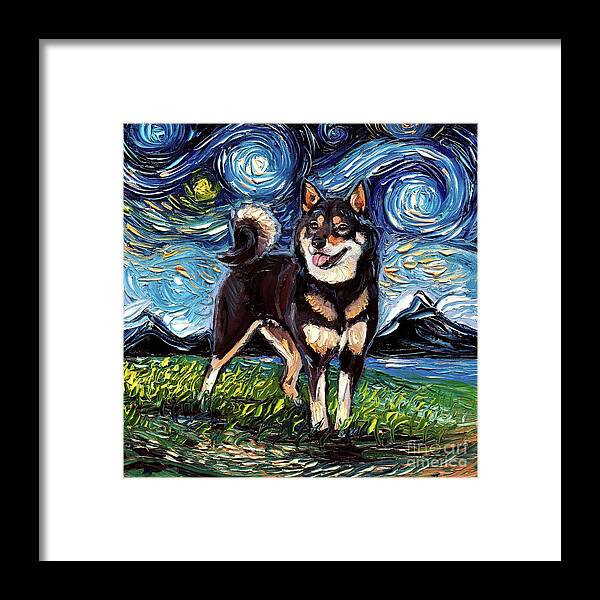 Shiba Inu Framed Print featuring the painting Black and Tan Shiba Inu Night by Aja Trier
